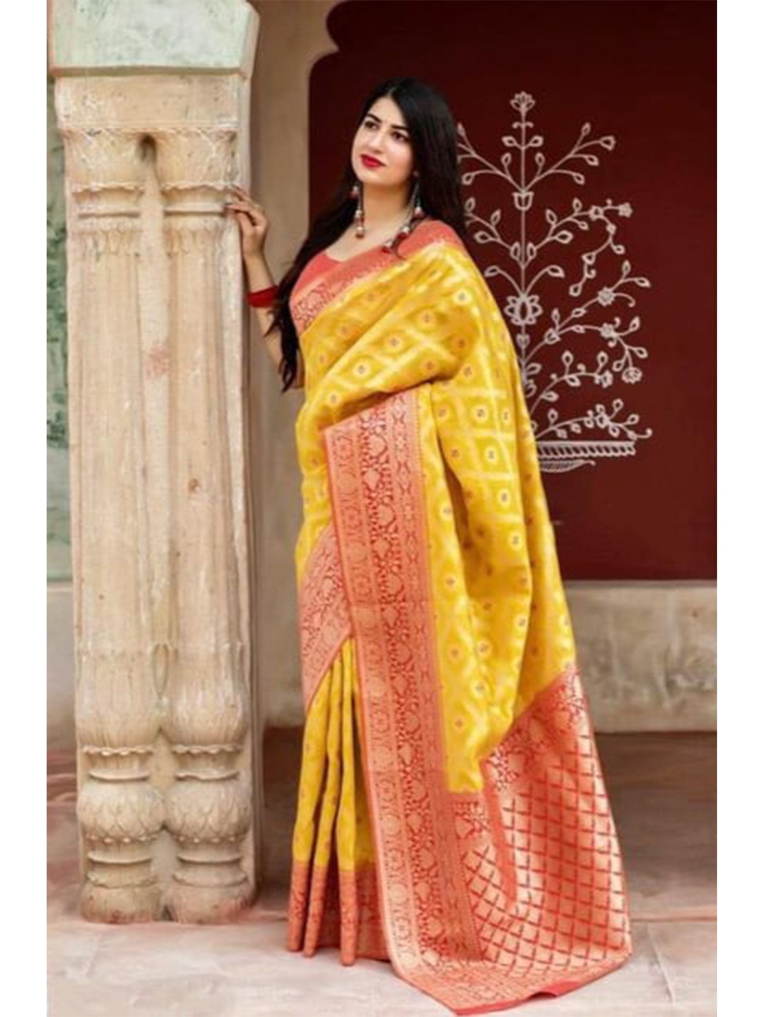 

ORUS Mustard & Red Woven Design Zari Silk Blend Kanjeevaram Saree