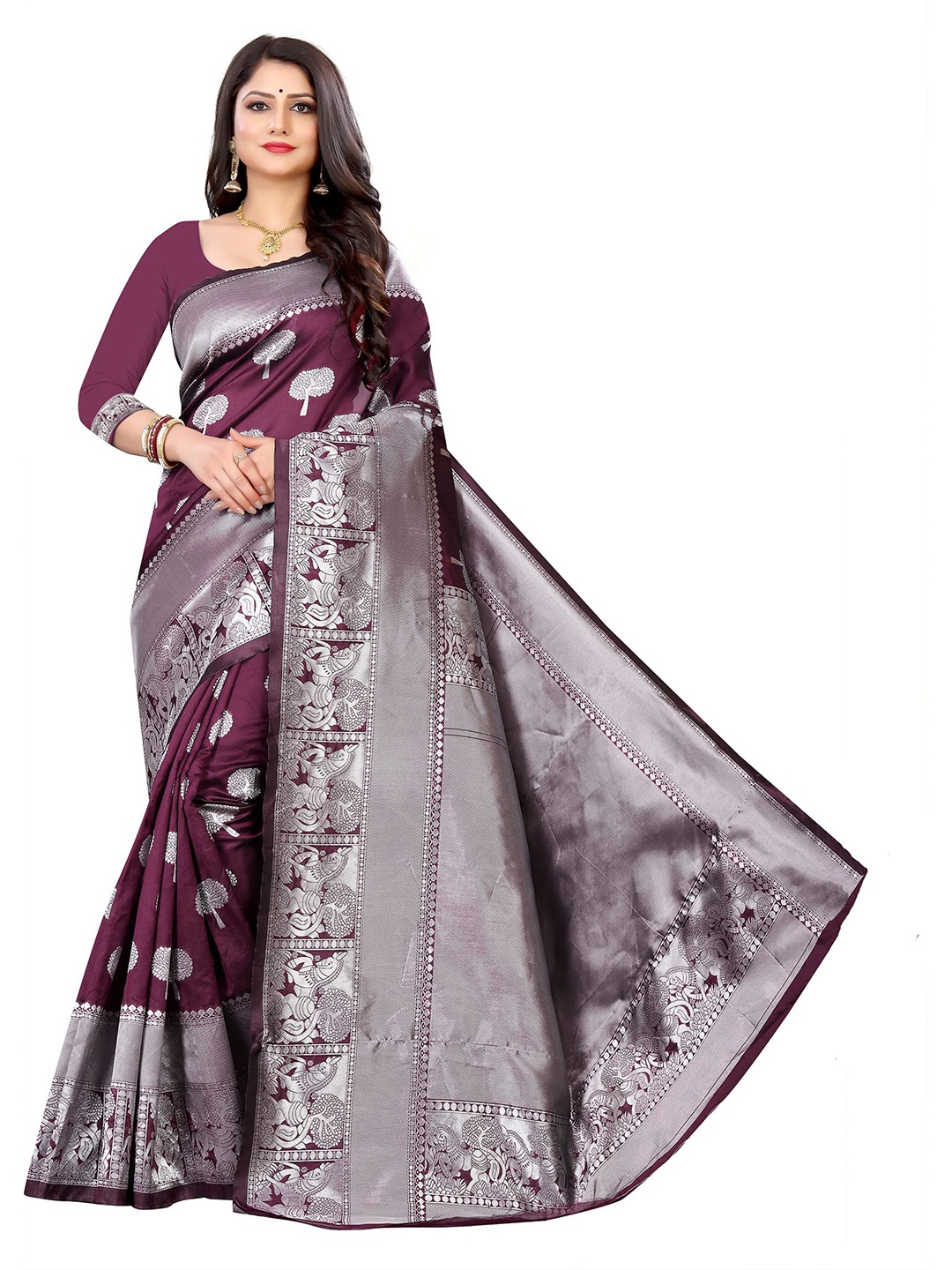 

ORUS Woven Design Zari Silk Blend Kanjeevaram Saree, Magenta