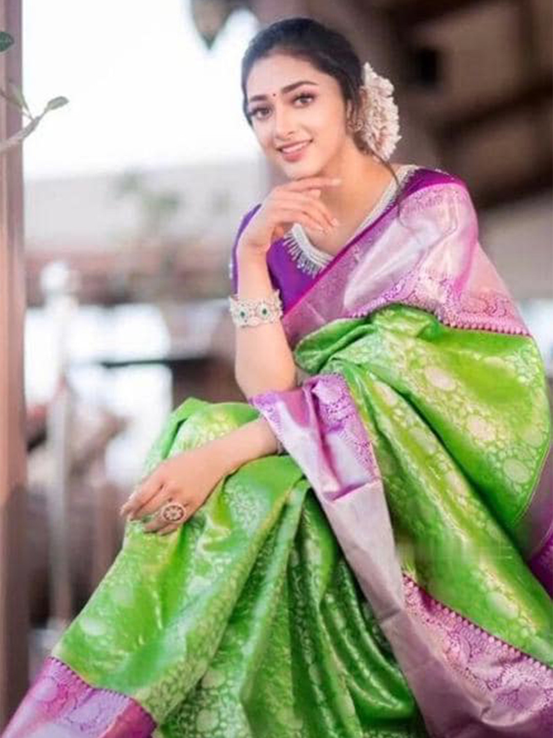 

ORUS Green & Violet Woven Design Zari Silk Blend Kanjeevaram Saree