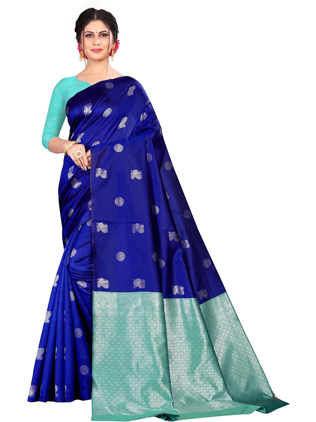 

ORUS Woven Design Zari Silk Blend Kanjeevaram Saree, Blue
