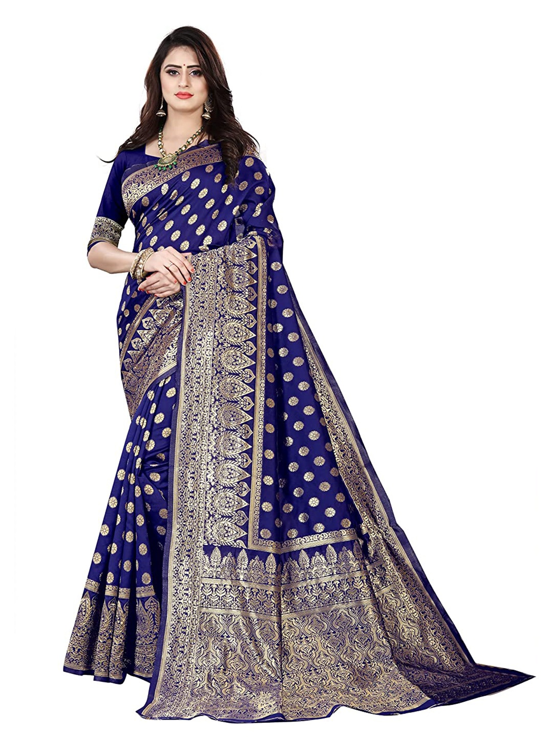 

ORUS Woven Design Zari Silk Blend Kanjeevaram Saree, Navy blue
