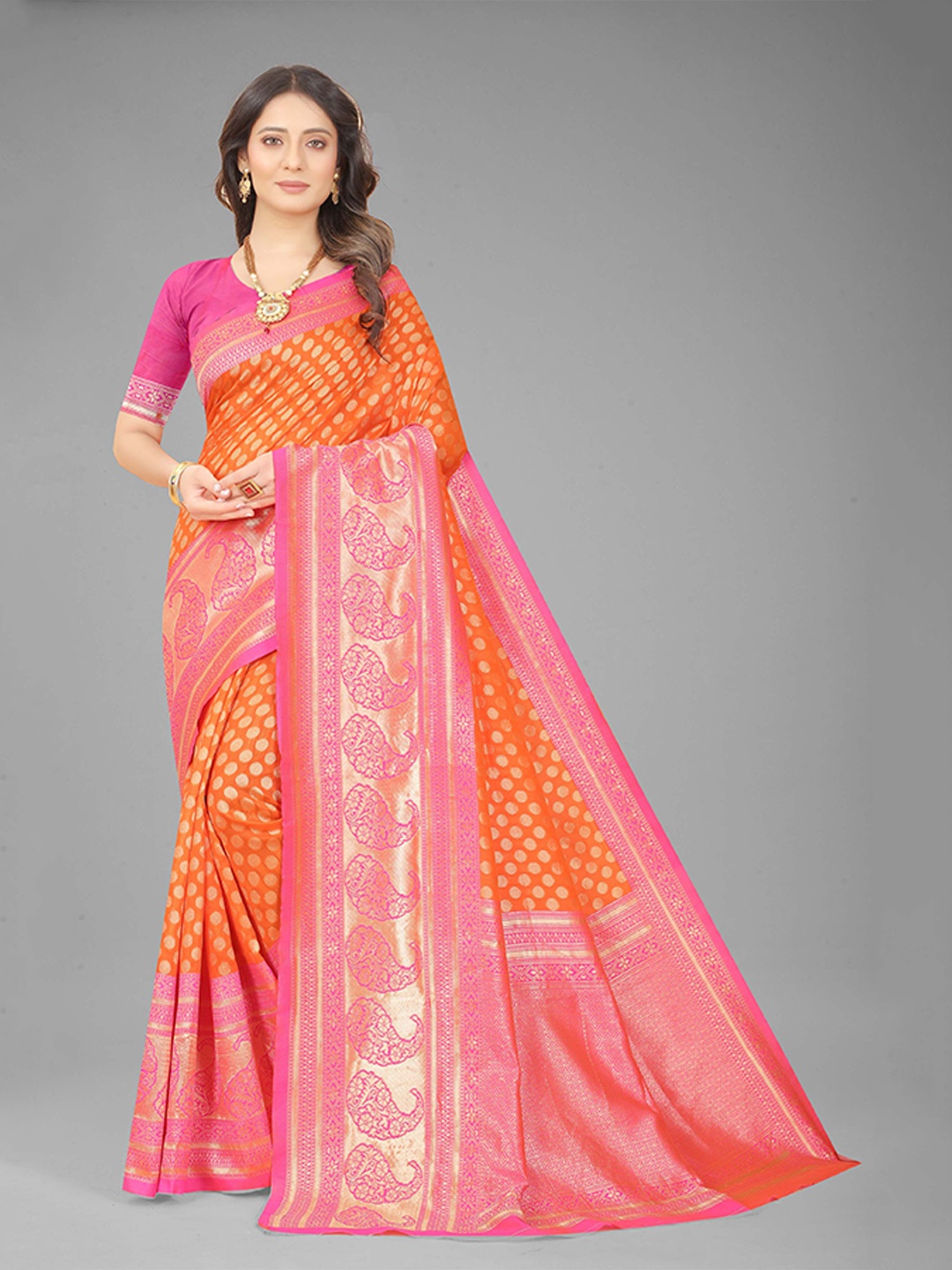 

ORUS Woven Design Zari Silk Blend Banarasi Saree, Orange