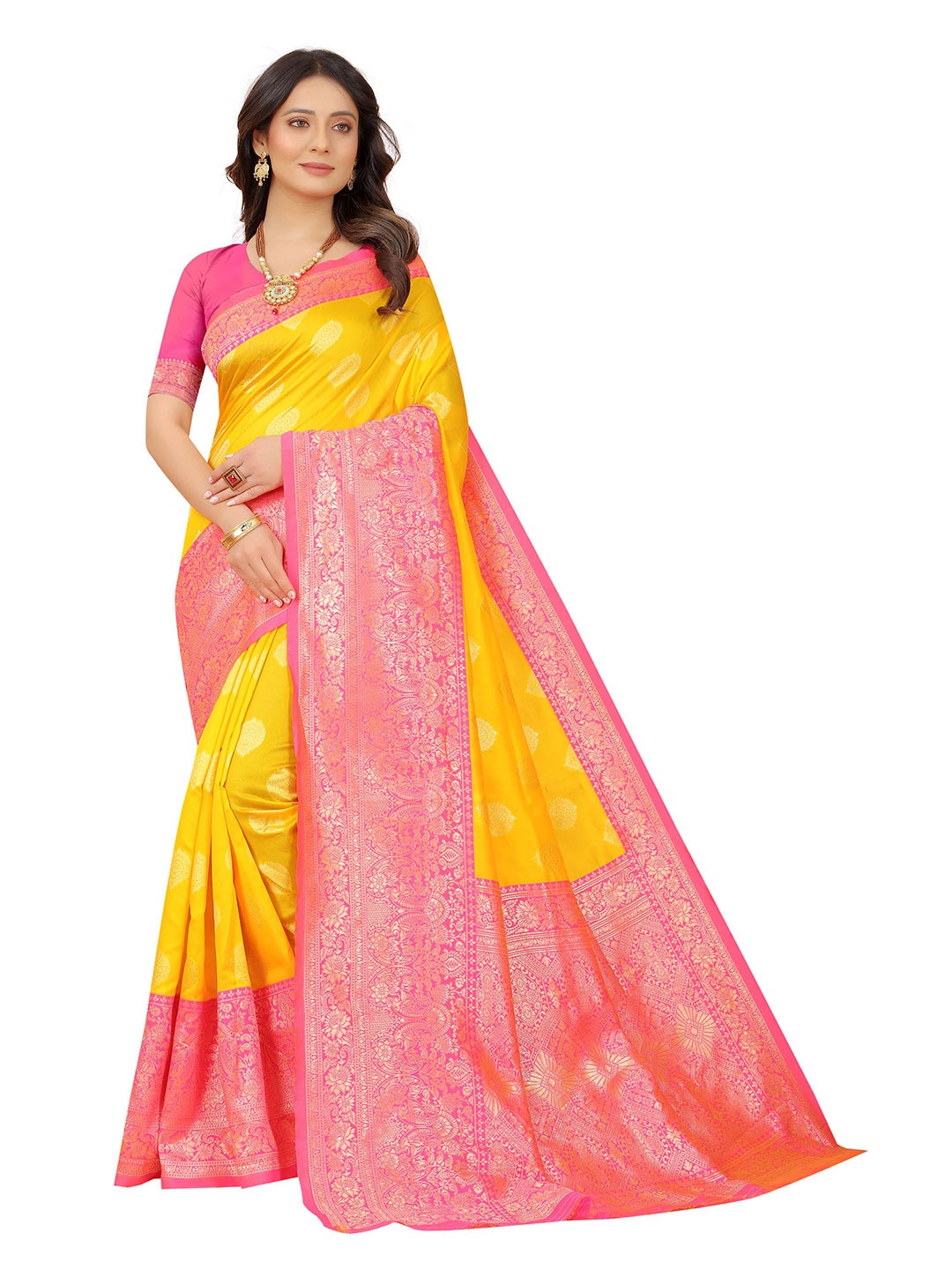 

ORUS Design Zari Silk Blend Banarasi Saree, Yellow