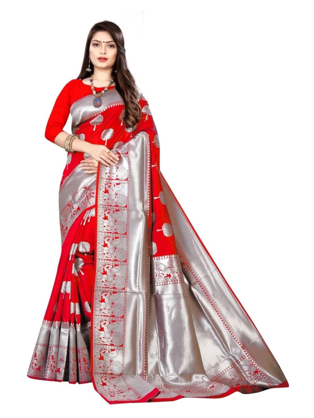 

ORUS Woven Design Zari Silk Blend Kanjeevaram Saree, Red