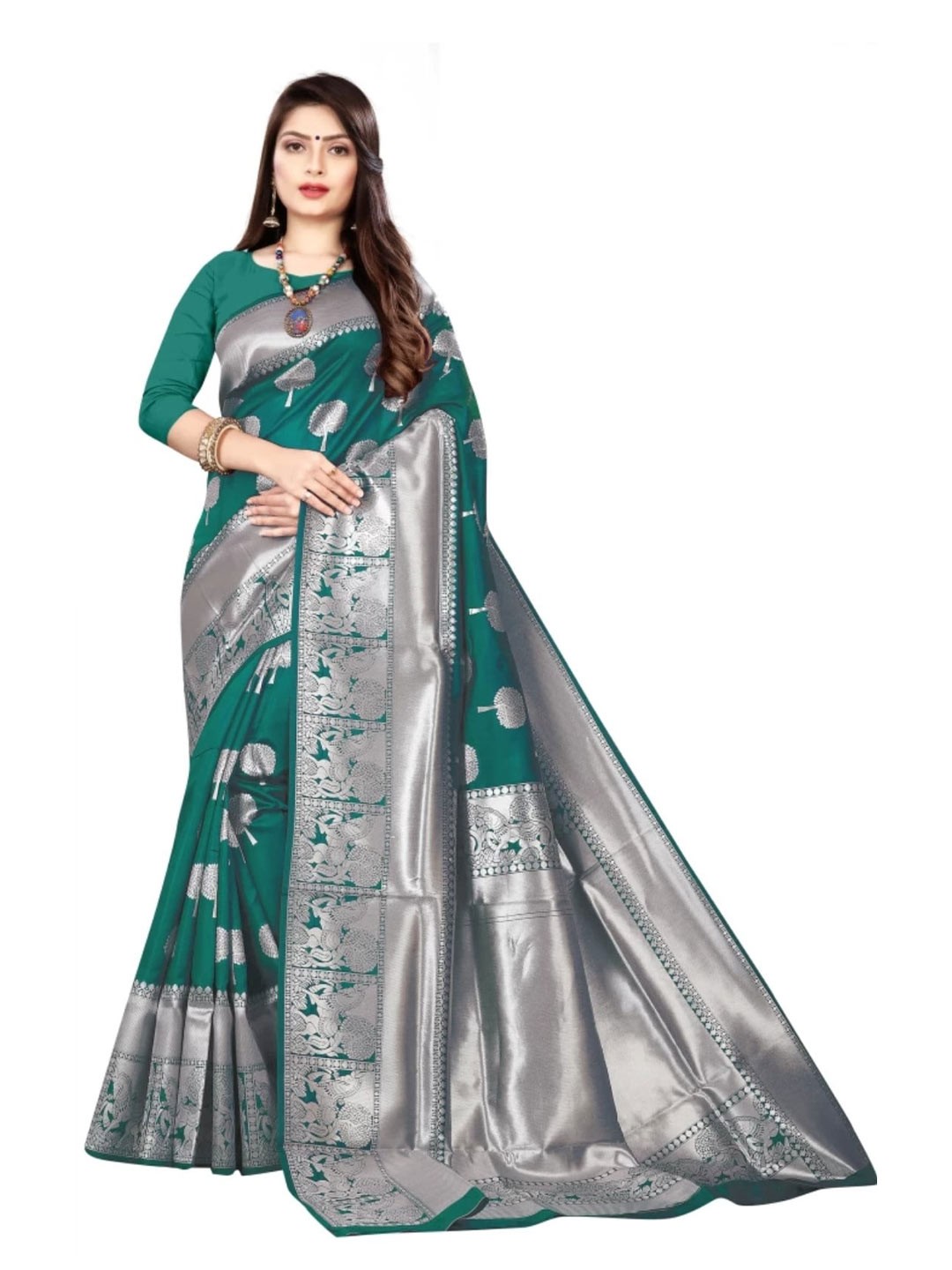 

ORUS Woven Design Zari Silk Blend Kanjeevaram Saree, Teal