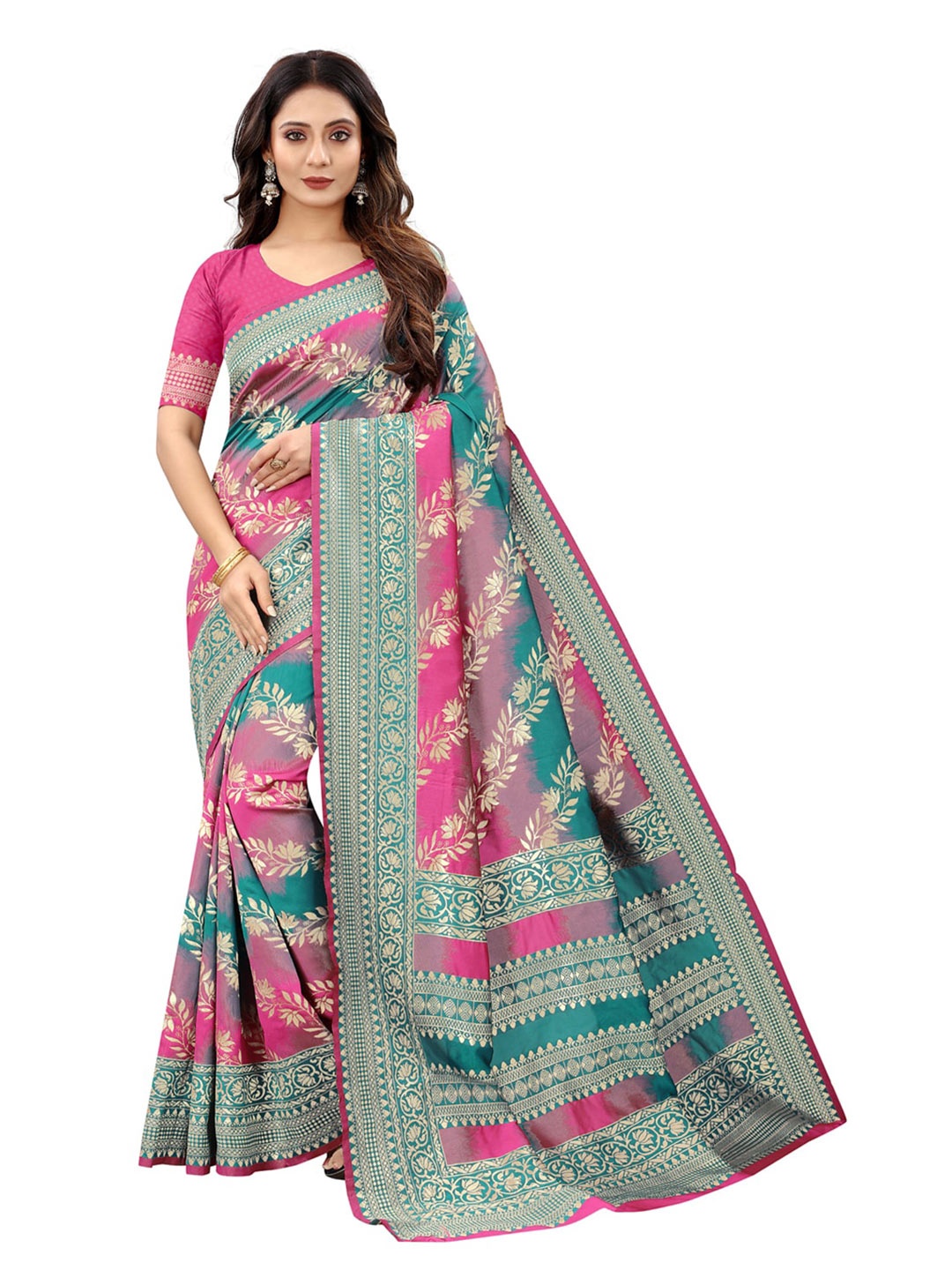 

ORUS Woven Design Zari Silk Blend Kanjeevaram Saree, Pink