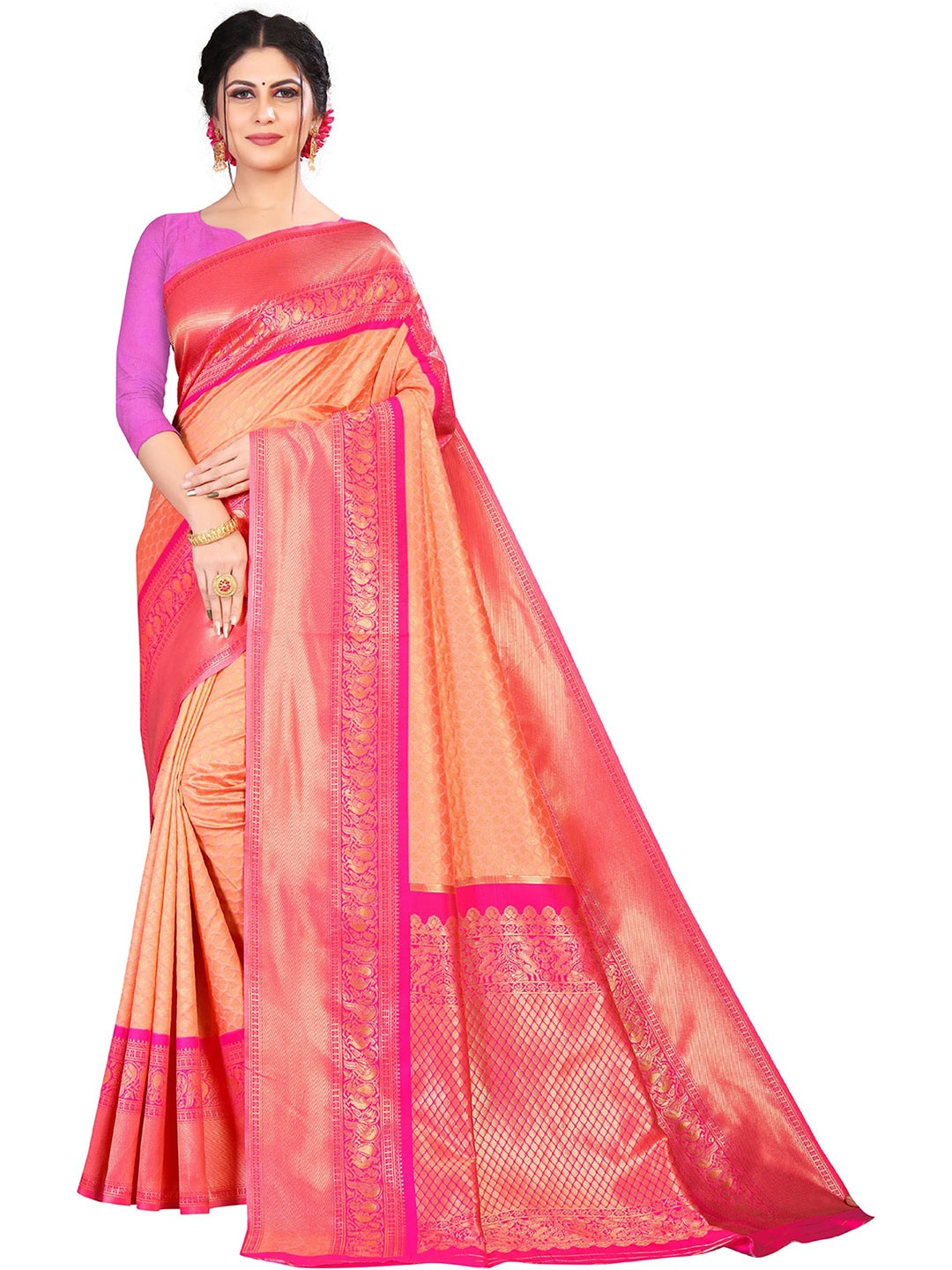 

ORUS Woven Design Zari Silk Blend Kanjeevaram Saree, Pink