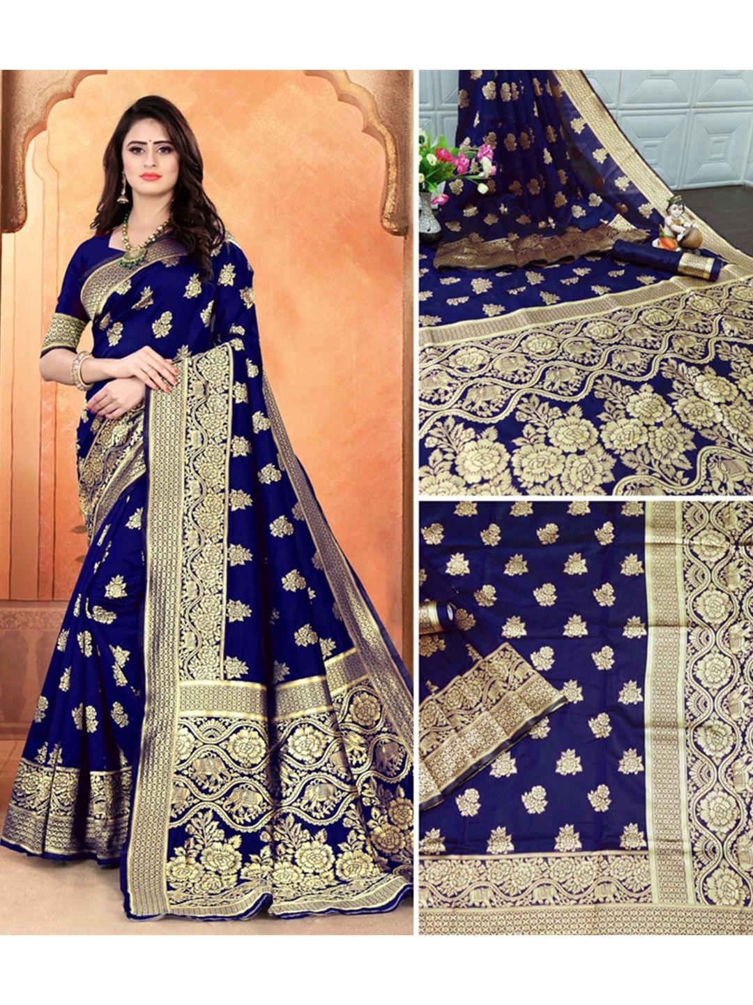 

ORUS Jacquard Ethnic Motif Woven Design Zari Pure Silk Banarasi Saree, Navy blue