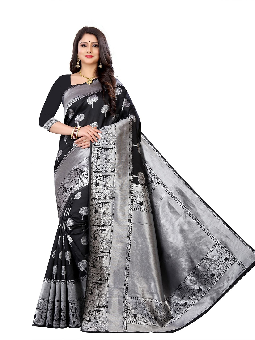 

ORUS Jacquard Ethnic Motif Woven Design Zari Pure Silk Kanjeevaram Saree, Black