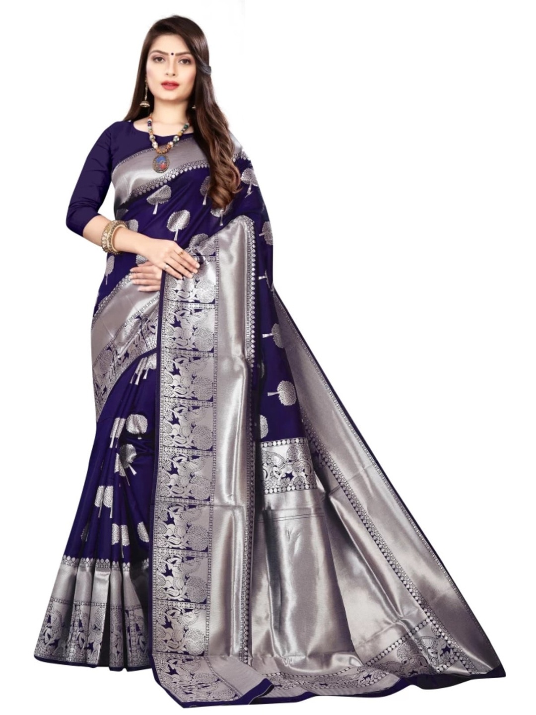

ORUS Floral Zari Pure Silk Kanjeevaram Saree, Navy blue