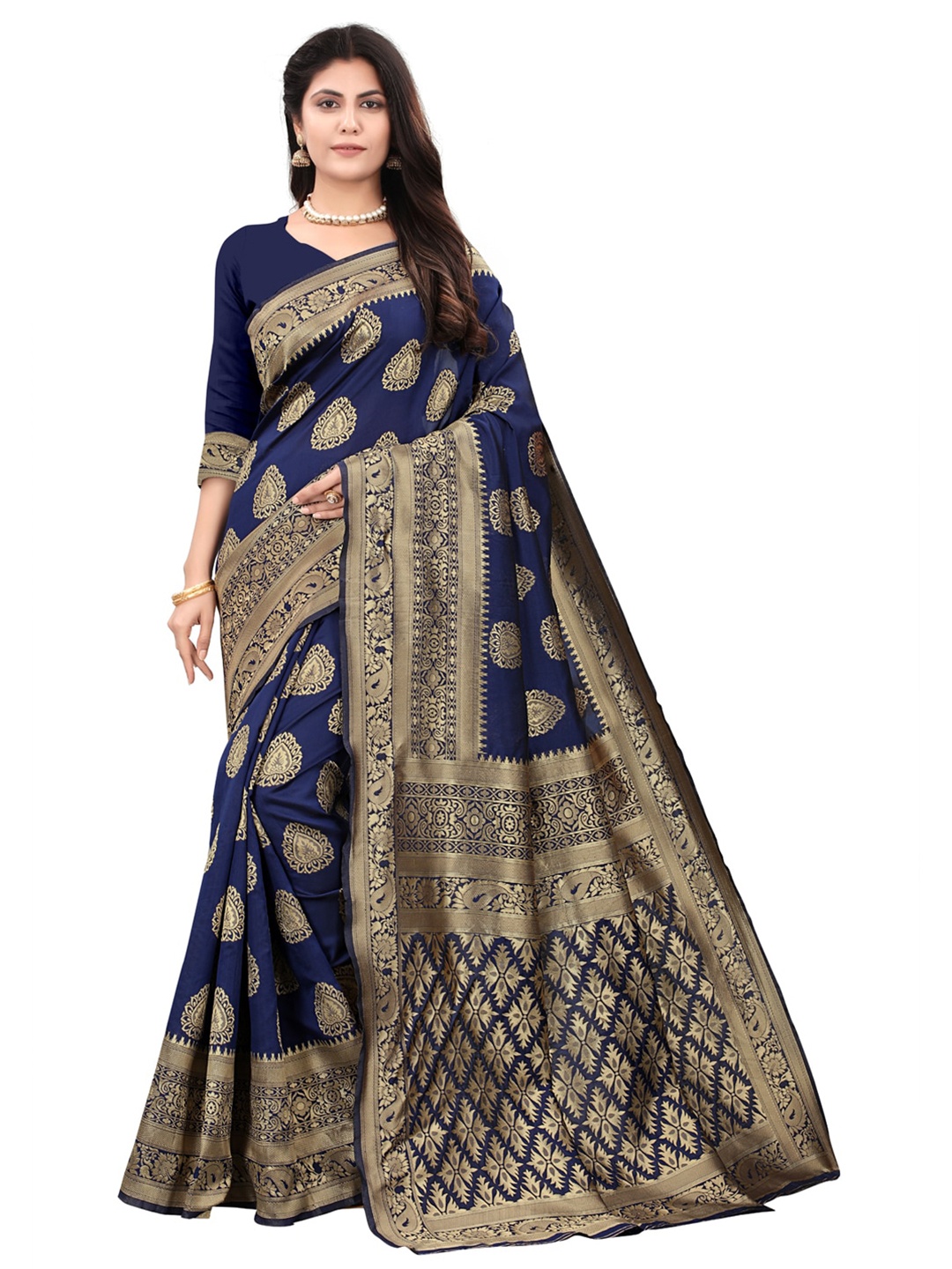 

ORUS Ethnic Motifs Woven Design Zari Pure Silk Kanjeevaram Saree, Navy blue