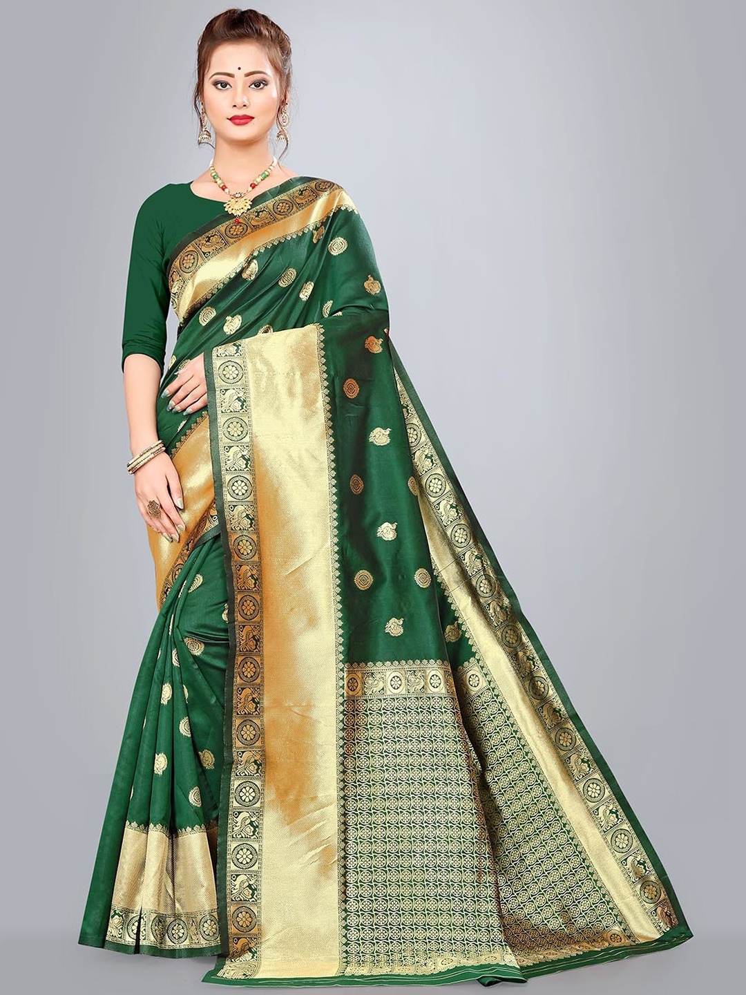 

ORUS Ethnic Motifs woven Design Zari Pure Silk Banarasi Saree, Green