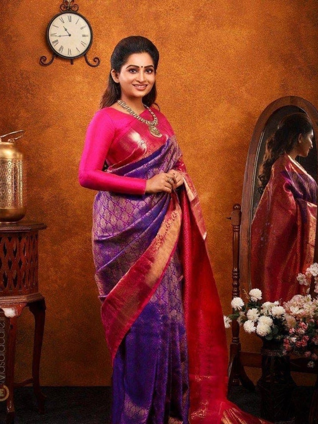 

ORUS Ethnic Motifs Woven Design Zari Pure Silk Kanjeevaram Saree, Purple