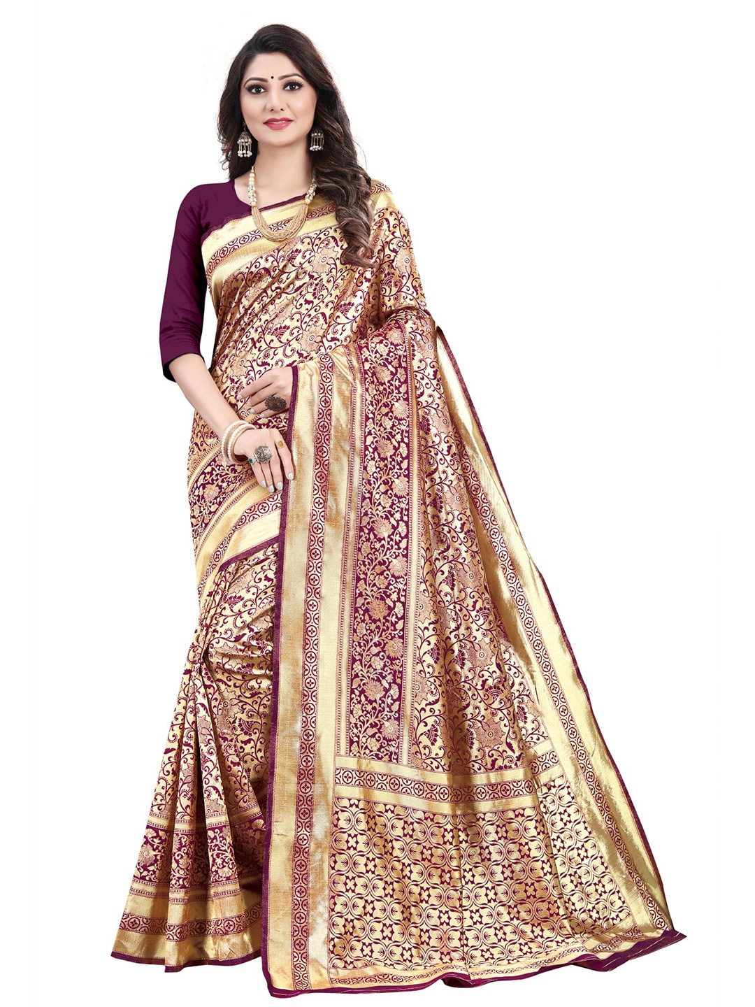 

ORUS Floral Woven Design Zari Pure Silk Banarasi Saree, Magenta