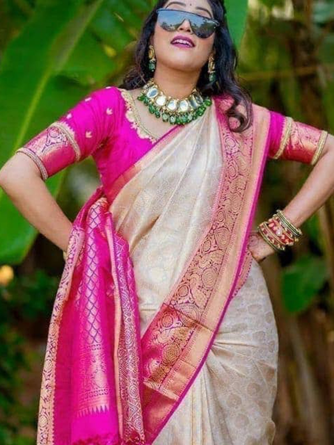 

ORUS Paisley Woven Design Zari Pure Silk Kanjeevaram Saree, Cream