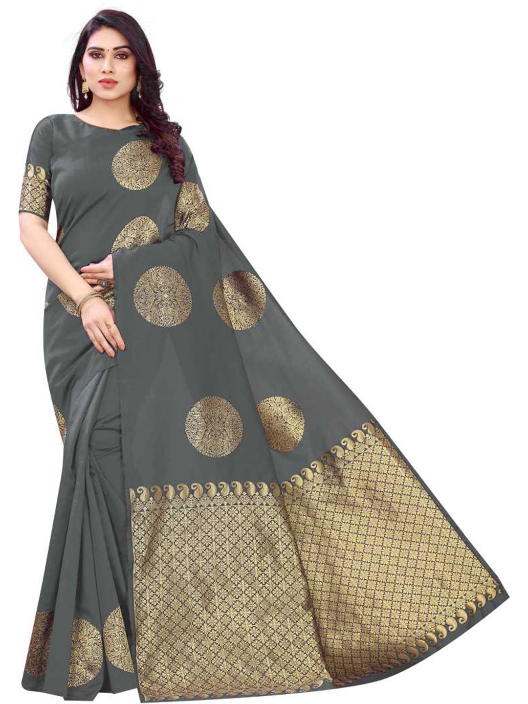 

ORUS Ethnic Motif Woven Design Zari Pure Silk Banarasi Saree, Grey