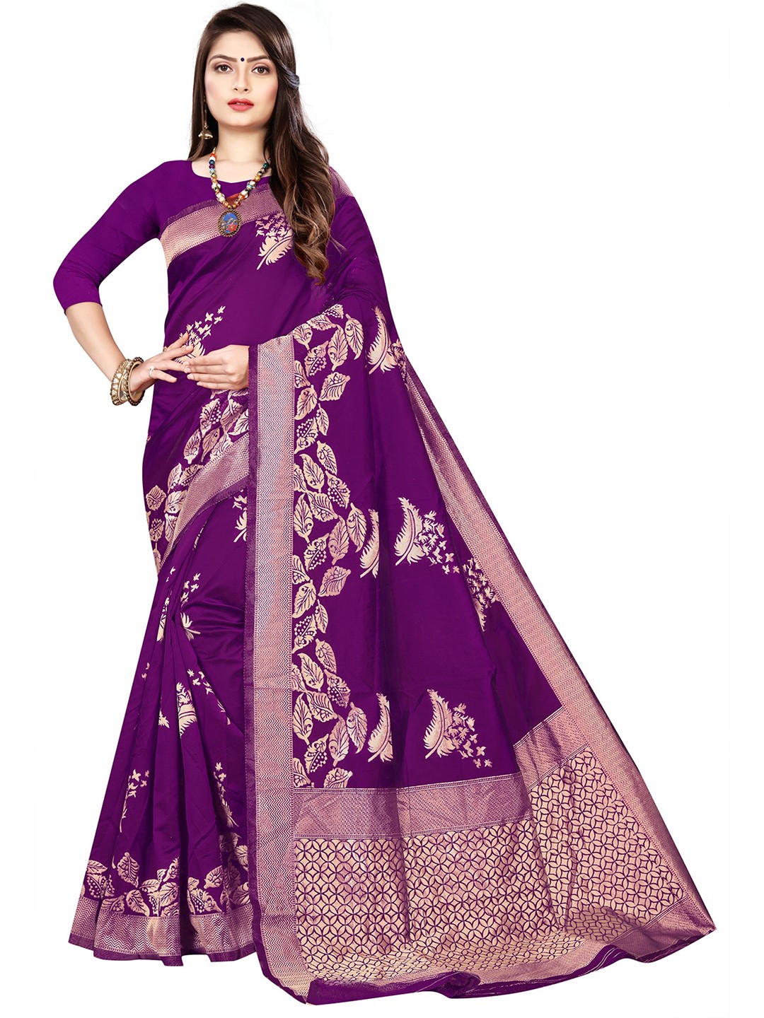 

ORUS Jacquard Ethnic Motif Woven Design Zari Pure Silk Kanjeevaram Saree, Purple