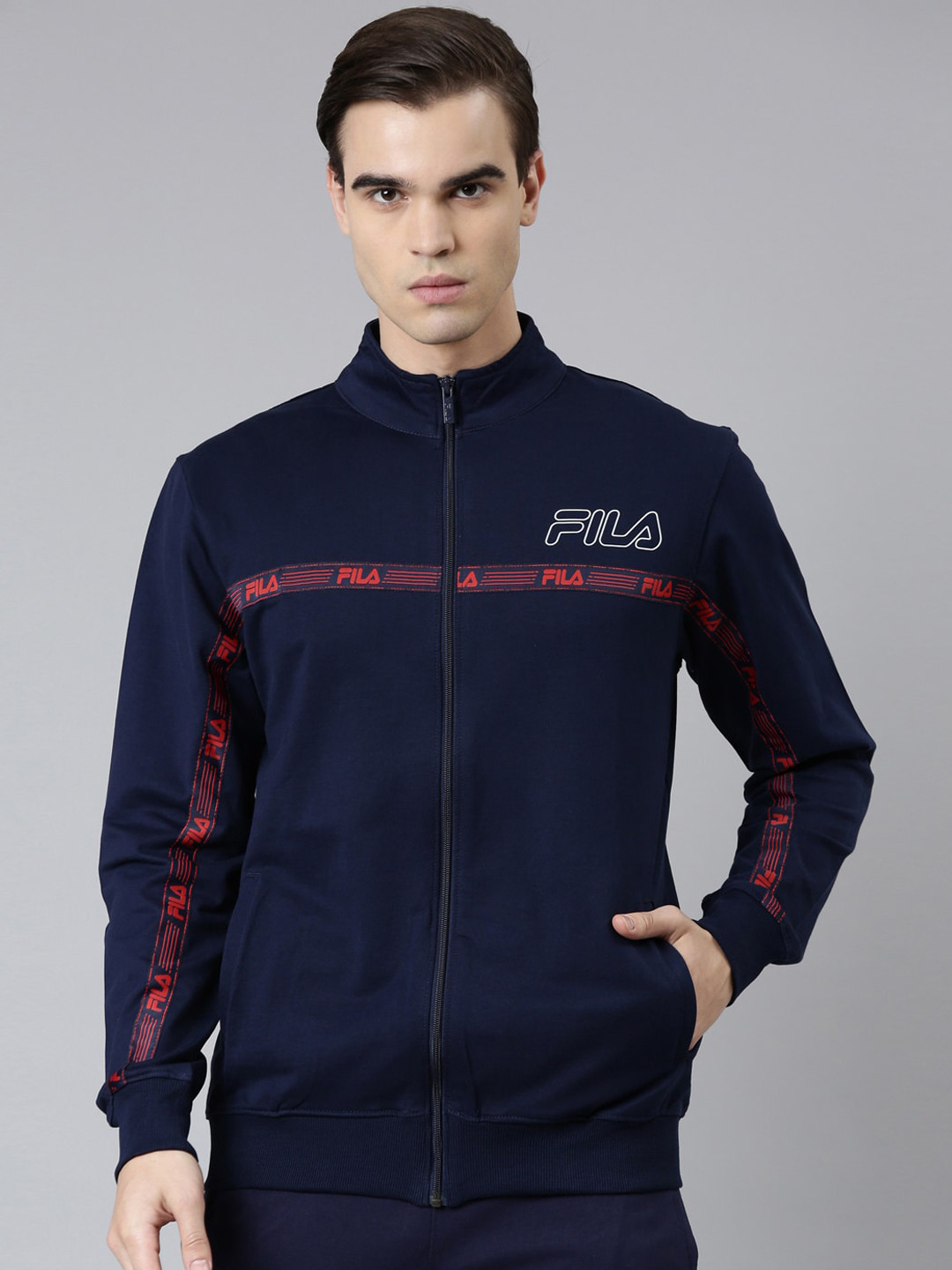 

FILA Men Cotton Mock Collar Sporty Jacket, Blue