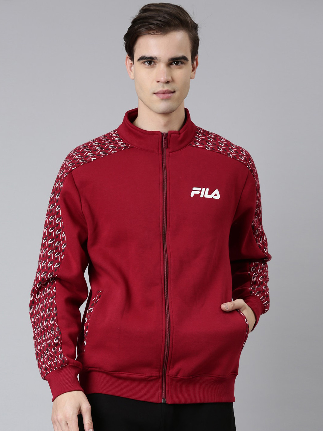 

FILA Men Mock Collar Sporty Jacket, Maroon