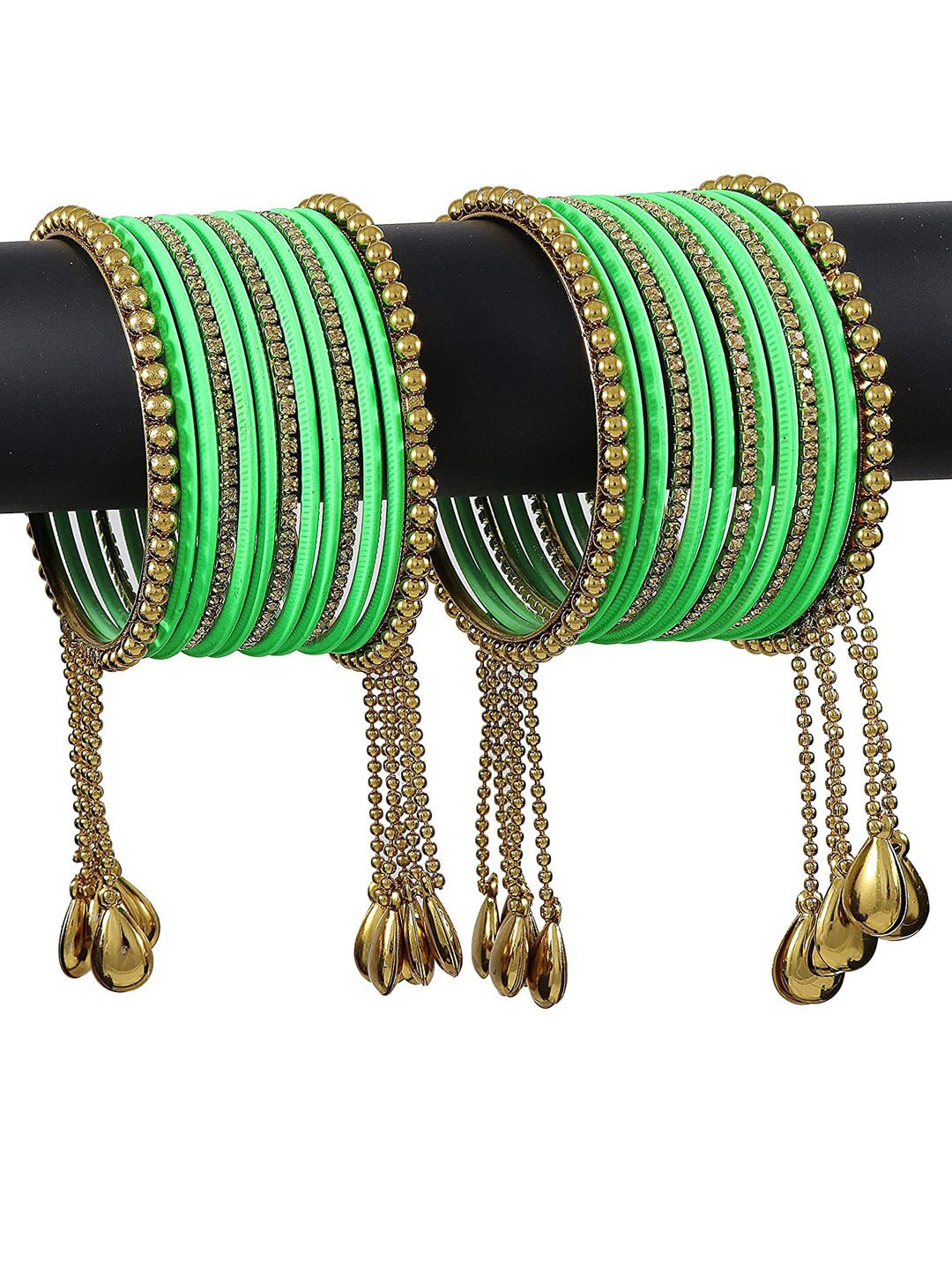 

NMII Set of 26 Zircon Gemstone Studded Chain & Latkan Work Bangles, Sea green