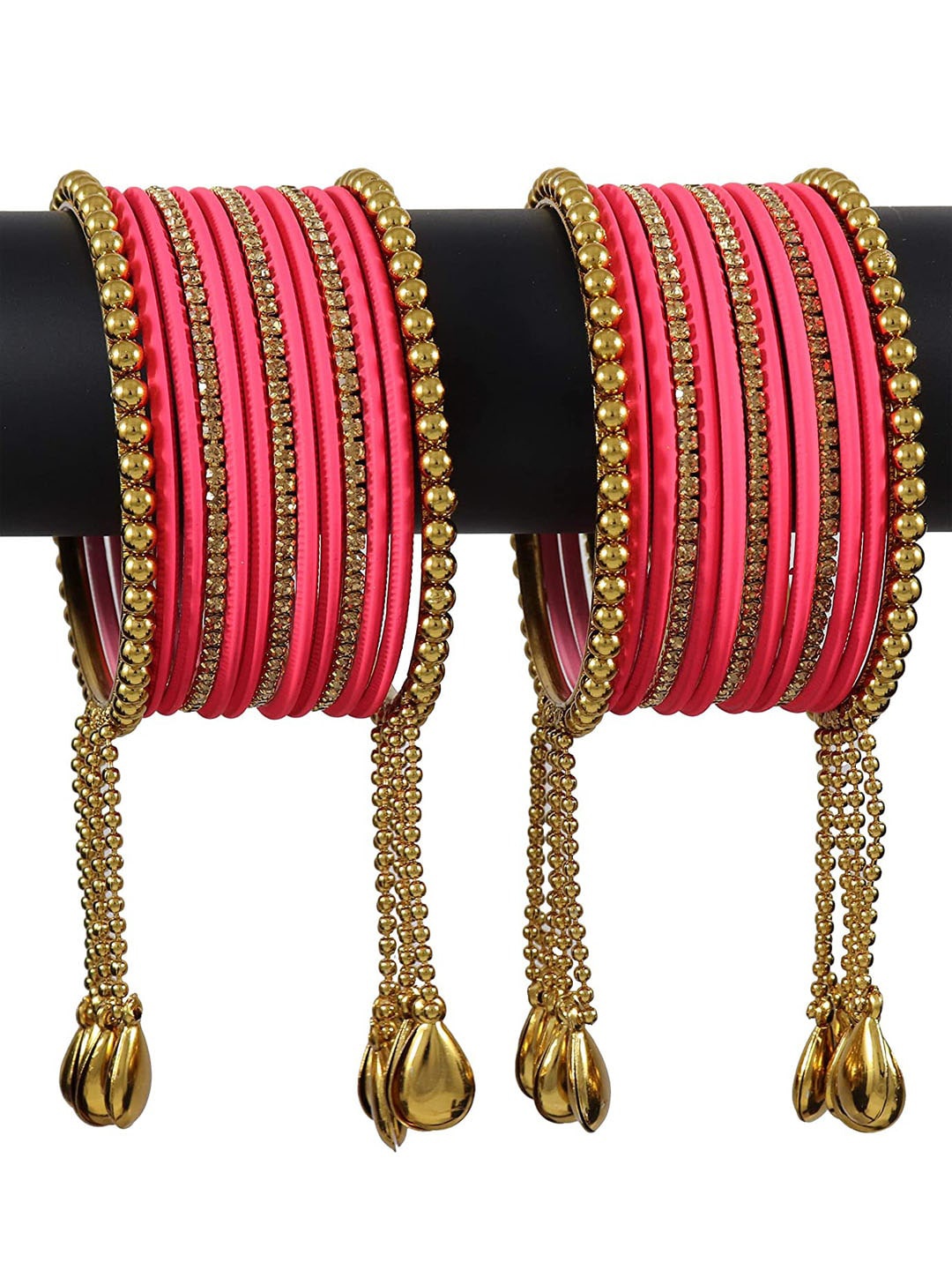 

NMII Set of 26 Zircon Gemstone Studded Chain & Latkan Work Bangles, Pink