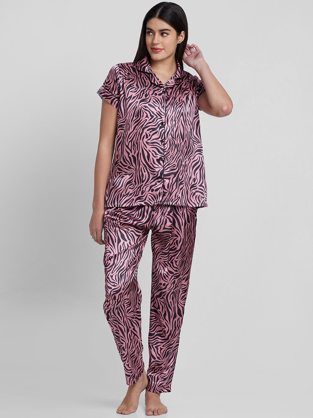 

FashionRack Women Abstract Printed Satin Night Suit, Pink
