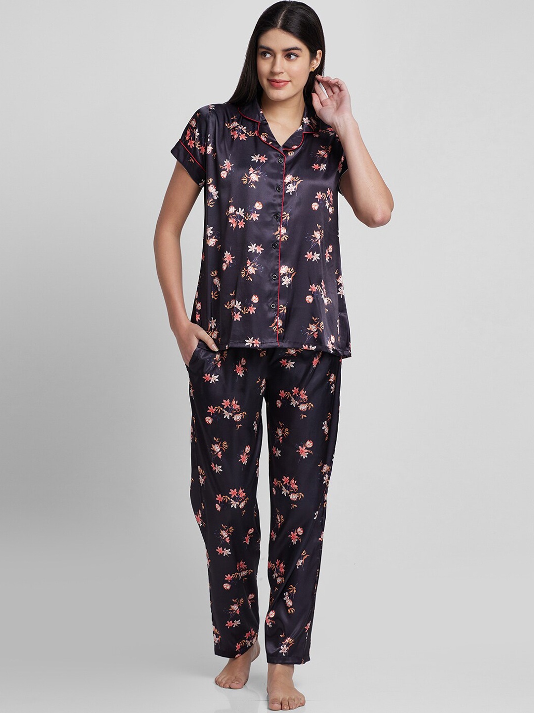 

FashionRack Women Floral Printed Satin Night Suit, Black