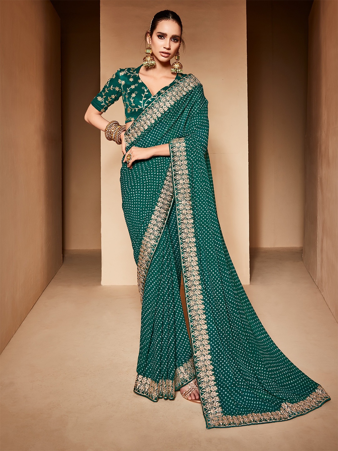 

Anouk Bandhani Printed Embroidered Gotta Patti Saree, Teal