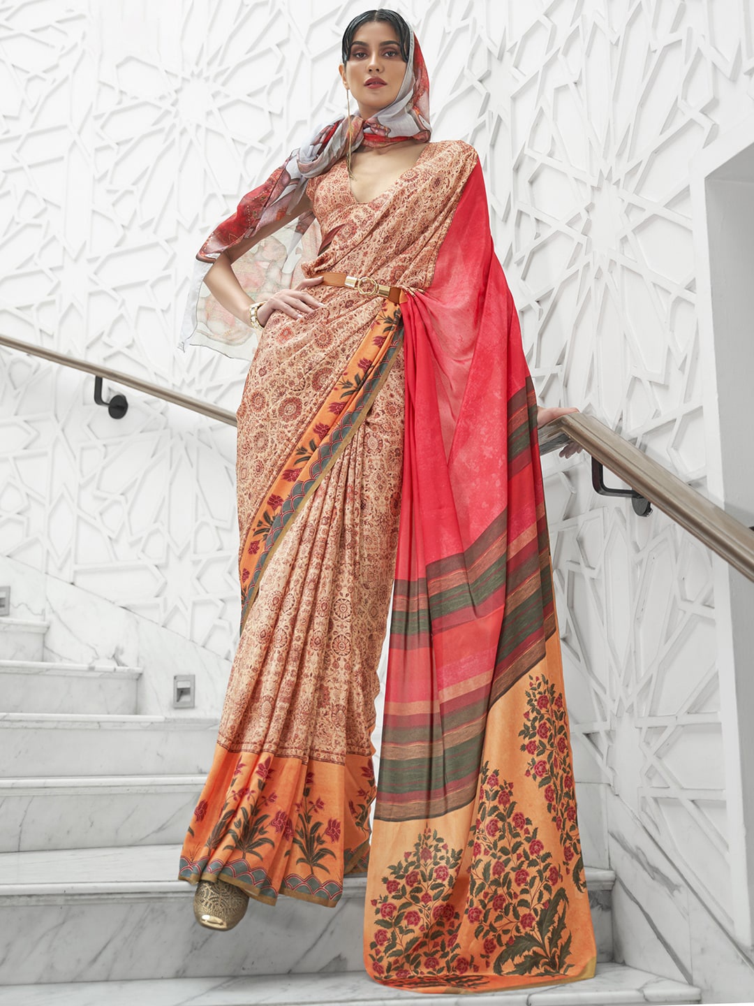 

Anouk Floral Printed Crepe Bagru Saree, Beige