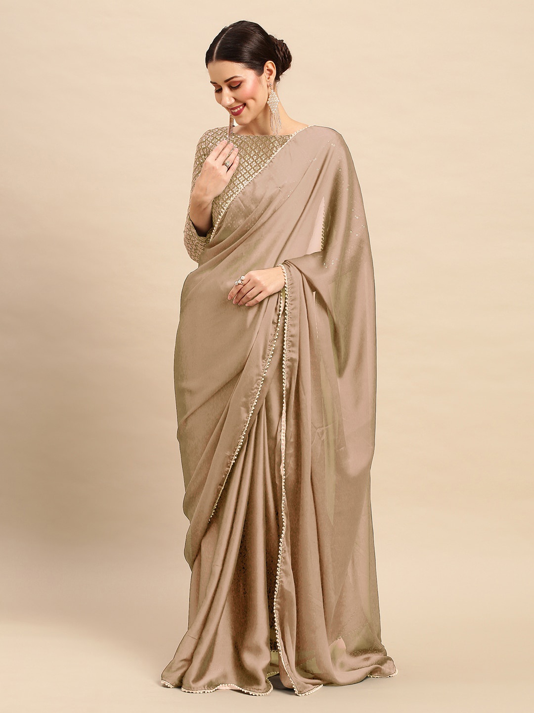 

Anouk Beads And Stones Detail Pure Georgette Saree, Cream