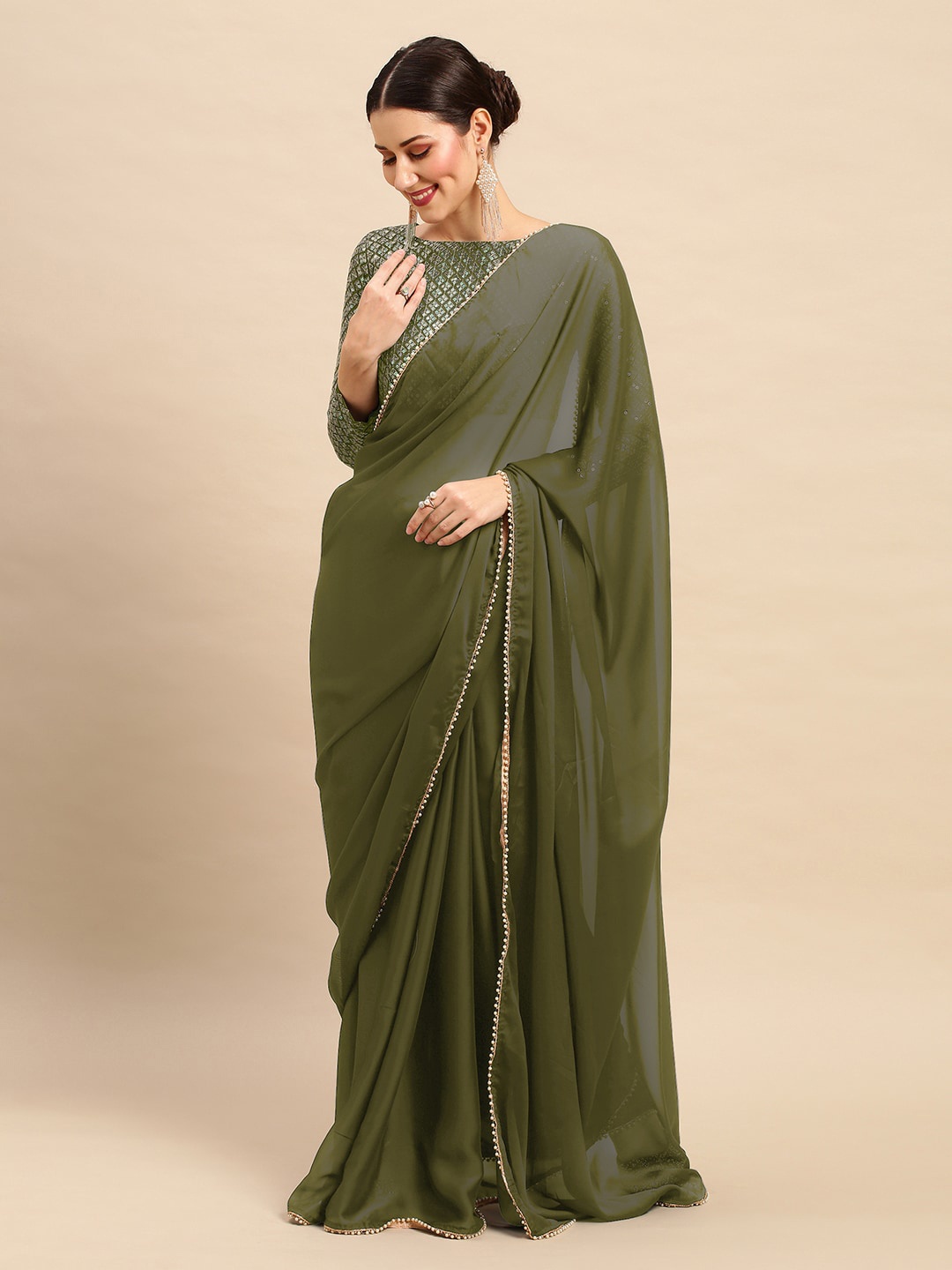 

Anouk Embellished Boarder With Sequinned Blouse Saree, Olive