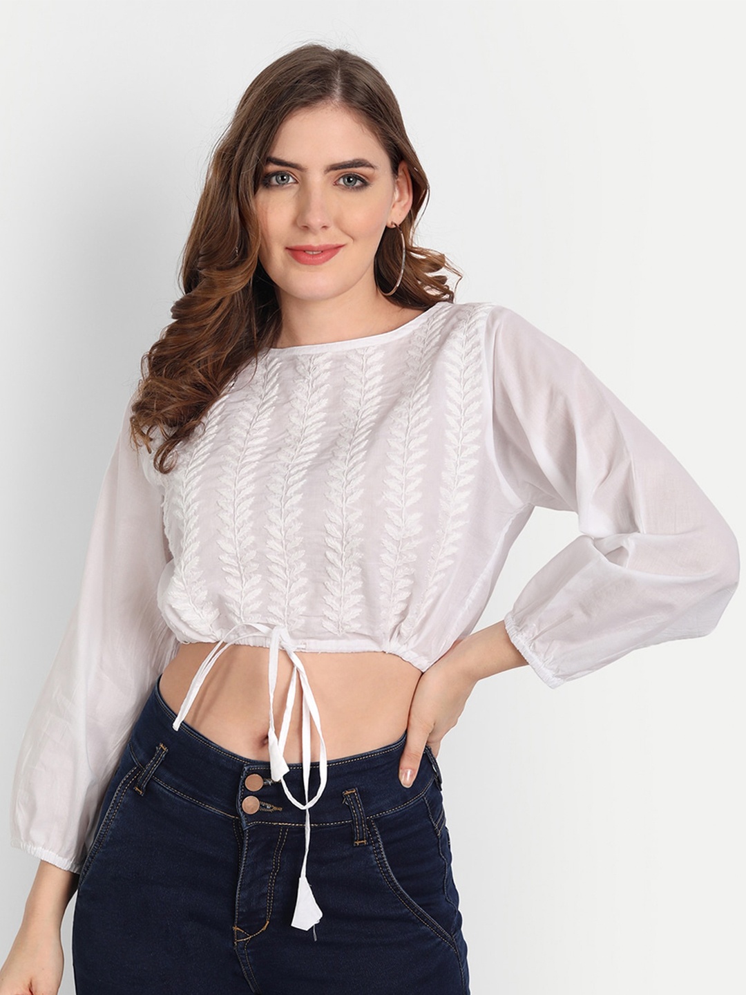 

Indiankala4u Cotton Self Design Blouson Top, White