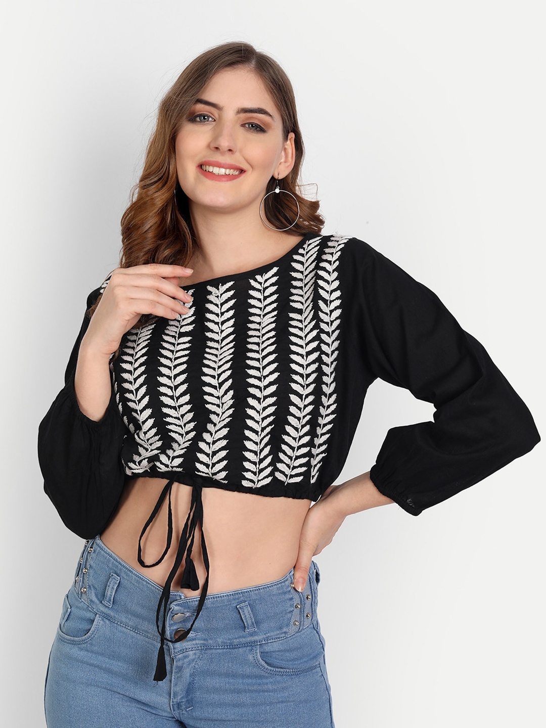 

Indiankala4u Embroidered Blouson Cotton Crop Top, Black