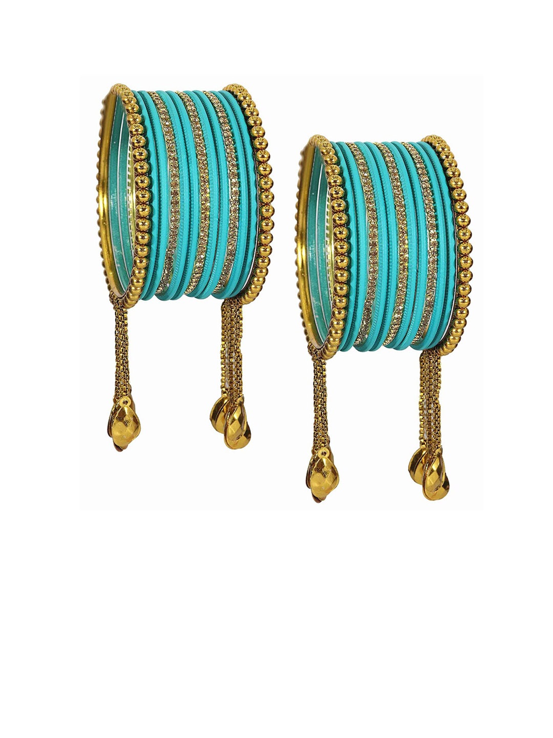 

NMII Set of 26 Zircon Gemstone Studded Chain & Latkan Work Bangles, Teal