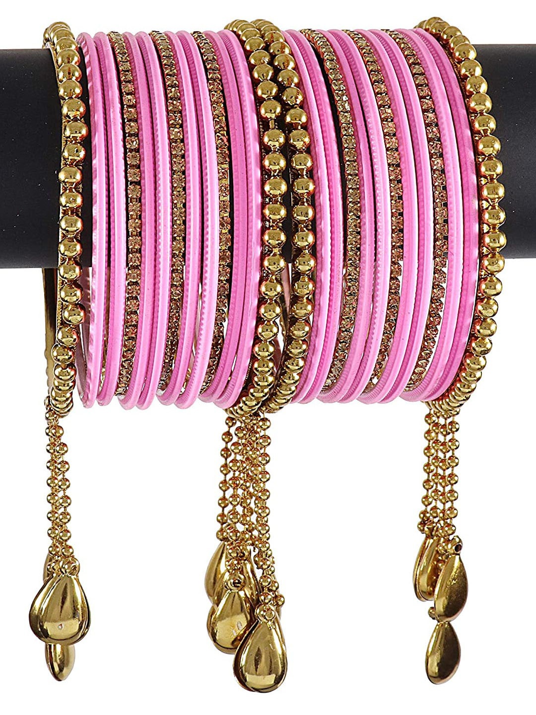 

NMII Set of 26 Zircon Gemstone Studded Chain & Latkan Work Bangles, Pink