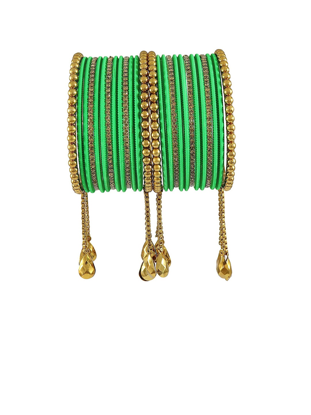 

NMII Set of 26 Zircon Gemstone Studded Chain & Latkan Work Bangles, Lime green