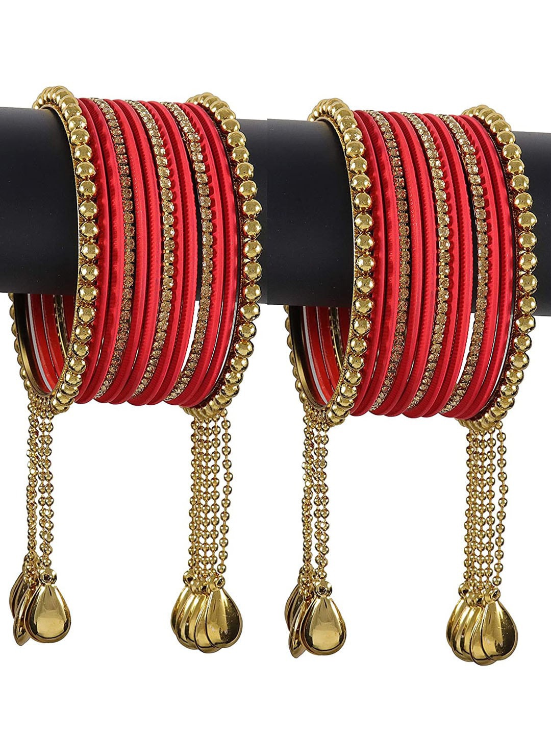 

NMII Set of 26 Zircon Gemstone Studded Chain & Latkan Work Bangles, Red