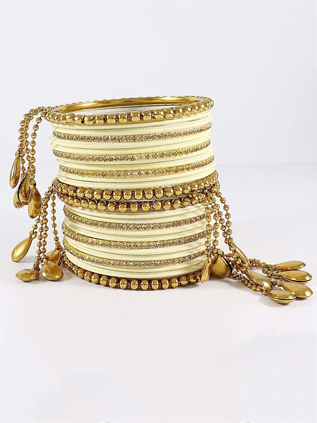 

NMII 26 Pcs Zircon Gemstone Studded Chain & Latkan Work Antique Bangles, Cream