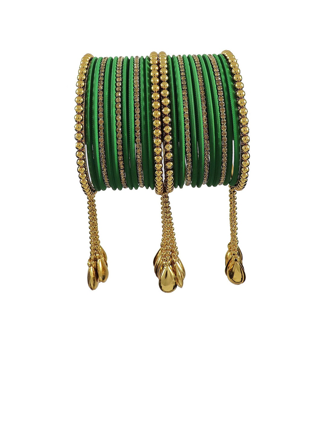 

NMII 26 Pcs Zircon Gemstone Studded Chain & Latkan Work Antique Bangles, Green