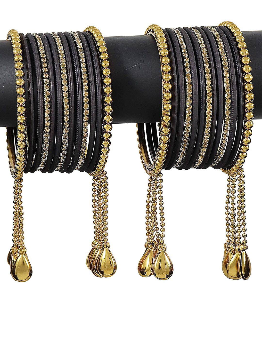 

NMII 26 Pcs Zircon Gemstone Studded Chain & Latkan Work Antique Bangles, Black