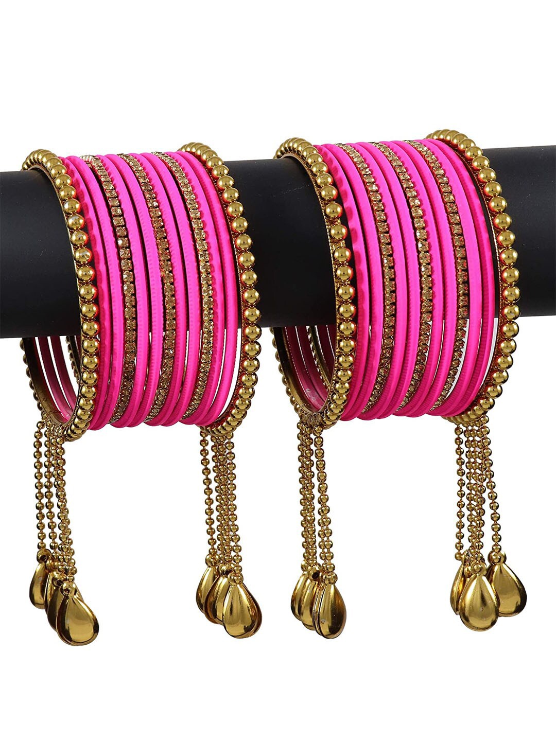 

NMII 26 Pcs Zircon Gemstone Studded Chain & Latkan Work Antique Bangles, Magenta