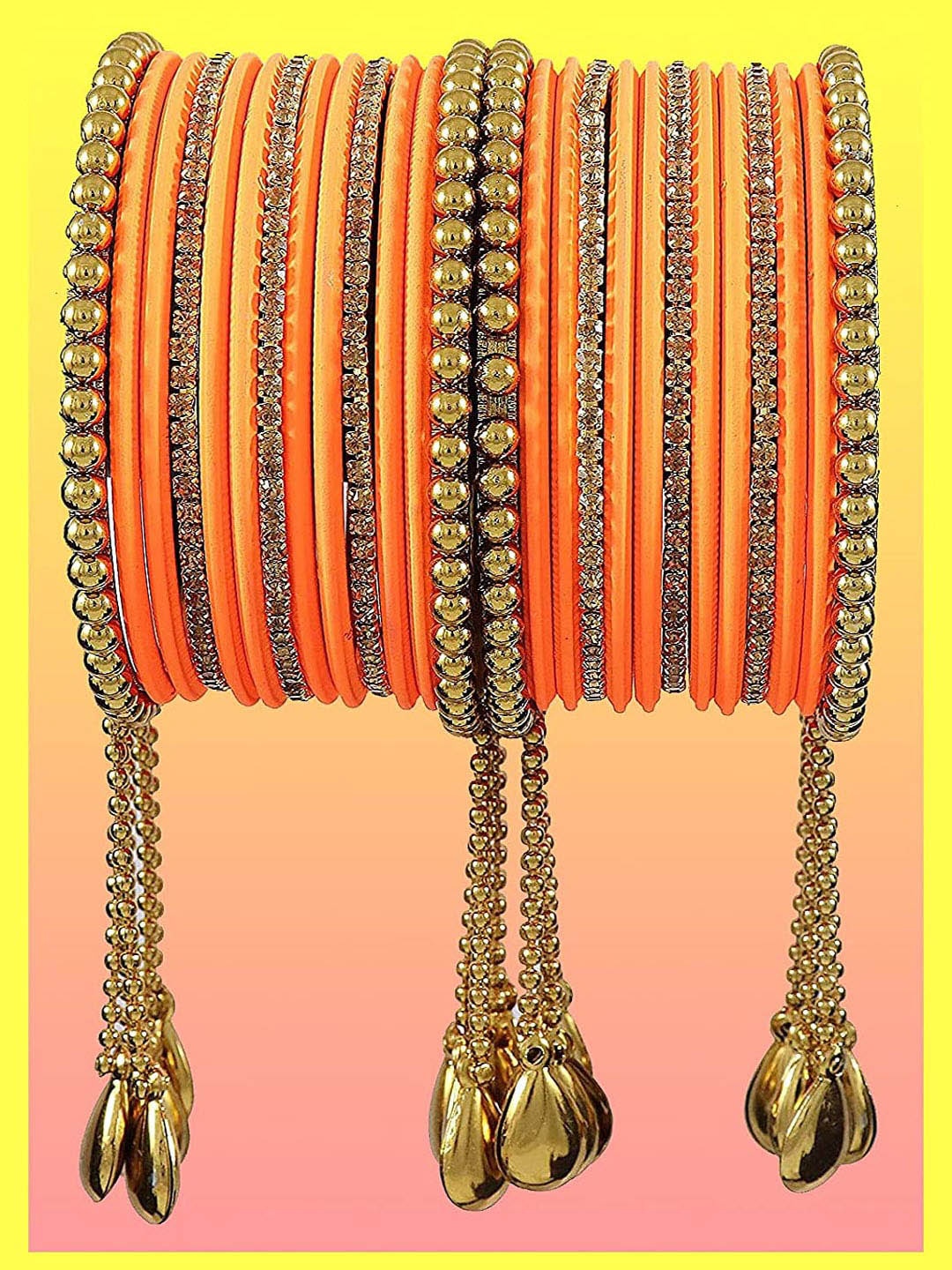 

NMII 26 Pcs Zircon Gemstone Studded Chain & Latkan Work Antique Bangles, Orange