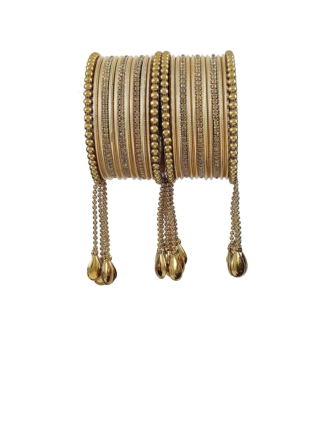 

NMII 26 Pcs Zircon Gemstone Studded Chain & Latkan Work Antique Bangles, Gold