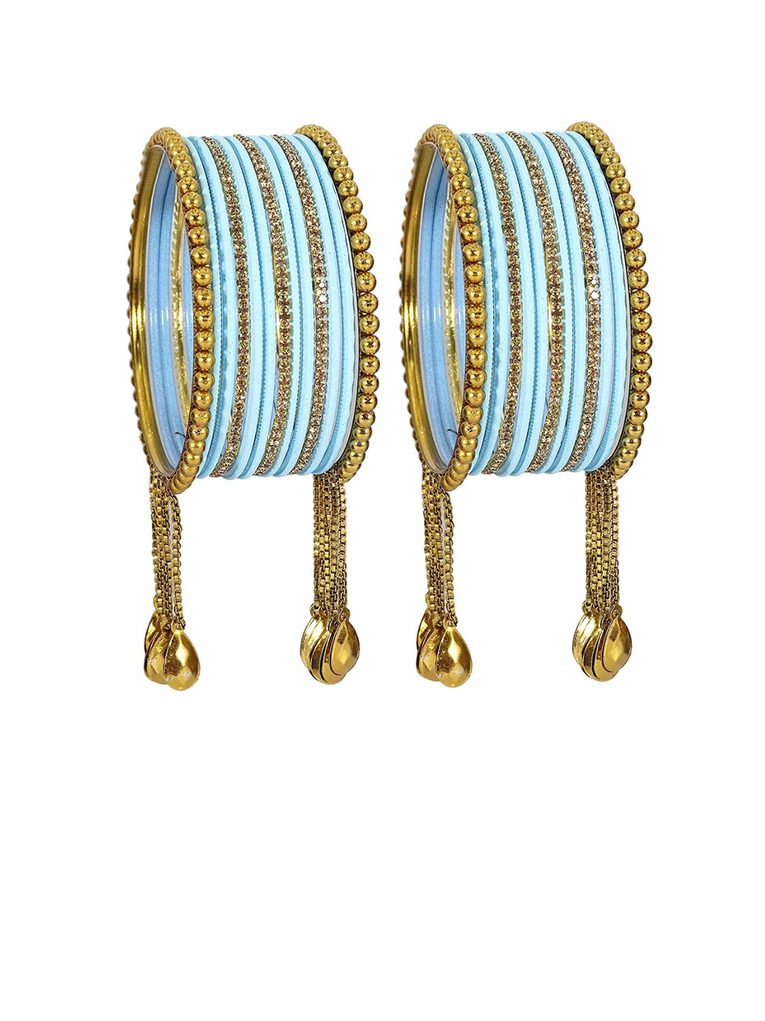 

NMII 26 Pcs Zircon Gemstone Studded Chain & Latkan Work Antique Bangles, Blue