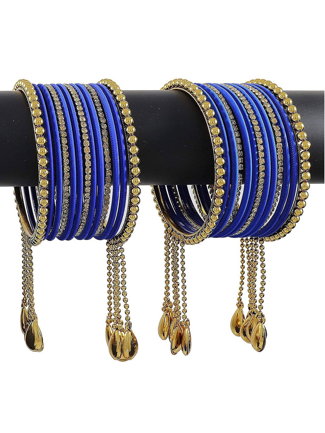 

NMII 26 Pcs Zircon Gemstone Studded Chain & Latkan Work Antique Bangles, Navy blue