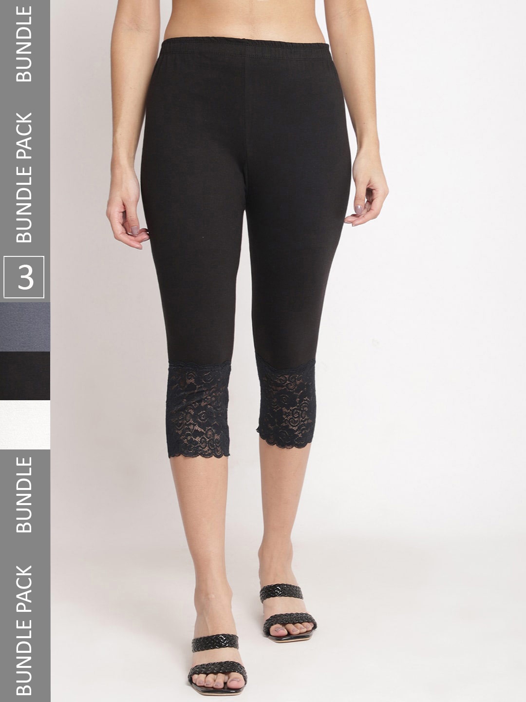 

GRACIT Women Pack Of 3 Skinny Fit Pure Cotton Lace Hem Capris, Black