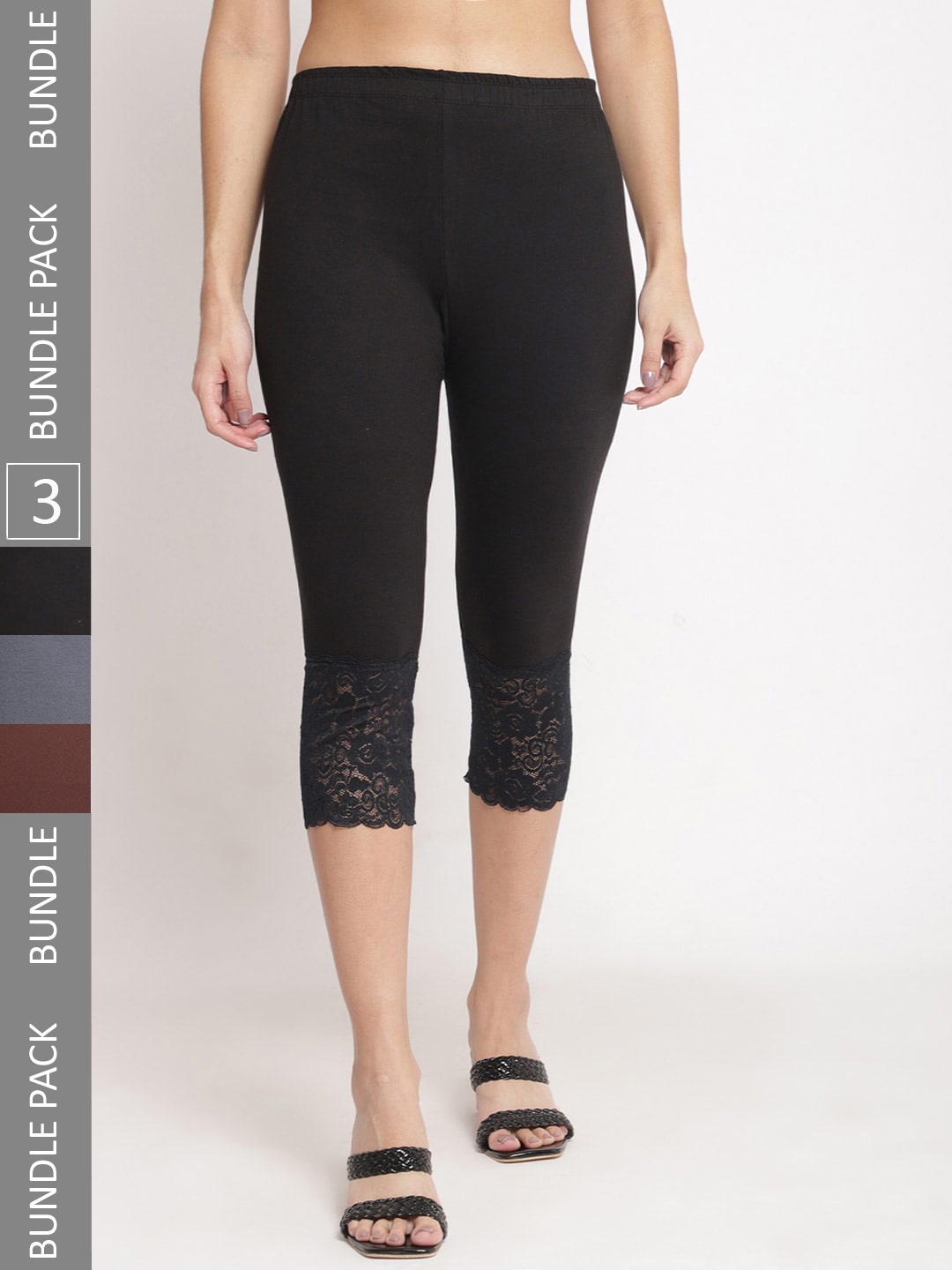 

GRACIT Women Pack Of 3 Skinny Fit Pure Cotton Lace Hem Capris, Black