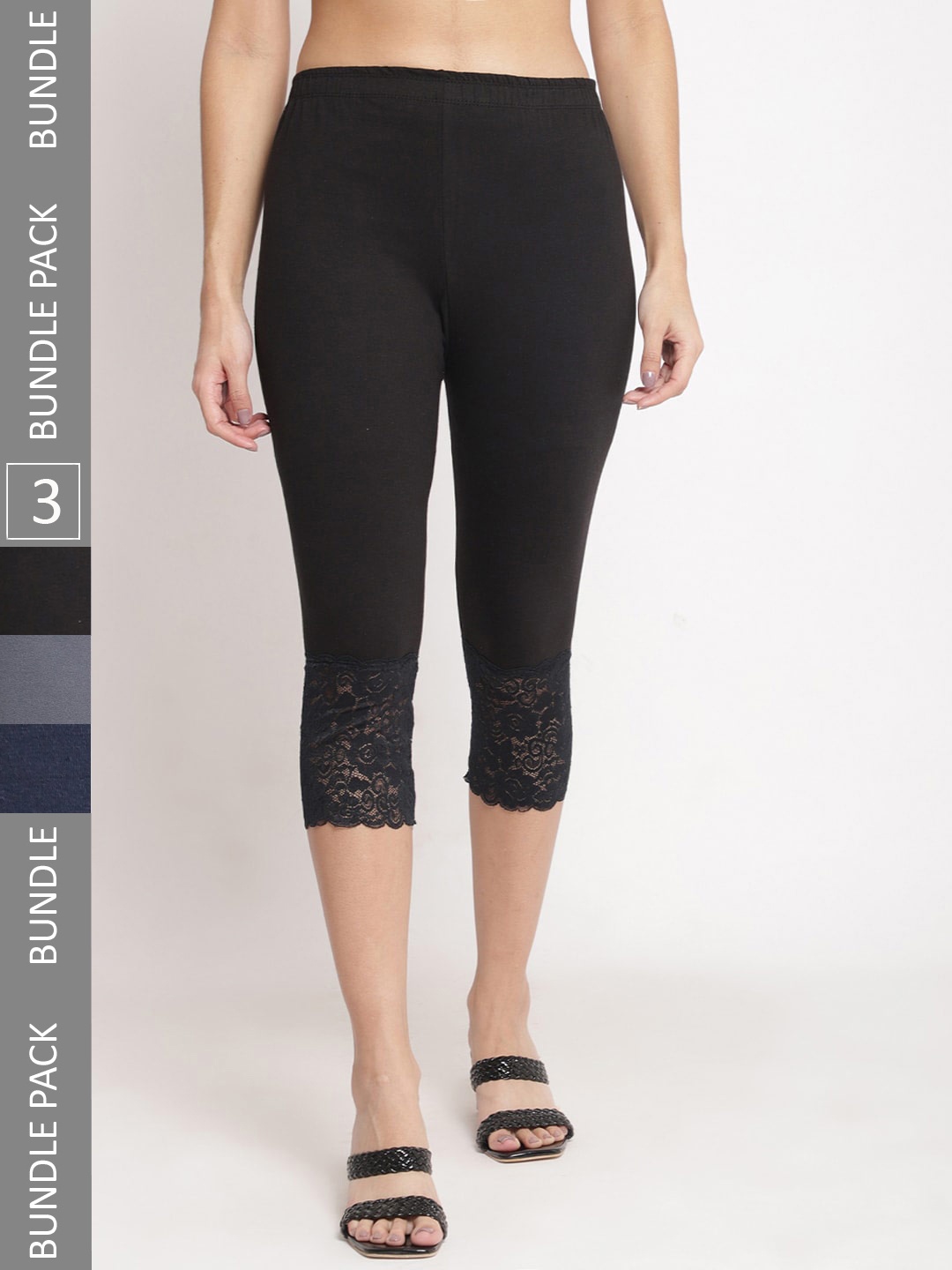 

GRACIT Women Pack Of 3 Skinny Fit Pure Cotton Lace Hem Capris, Black