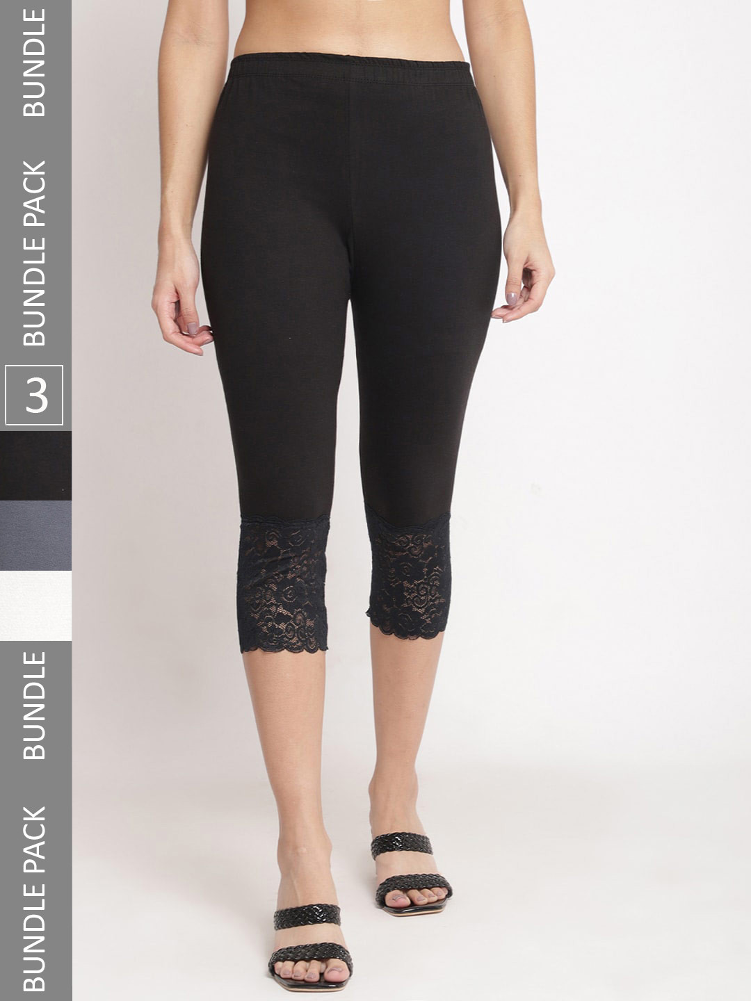 

GRACIT Women Pack Of 3 Skinny Fit Pure Cotton Lace Hem Capris, Black