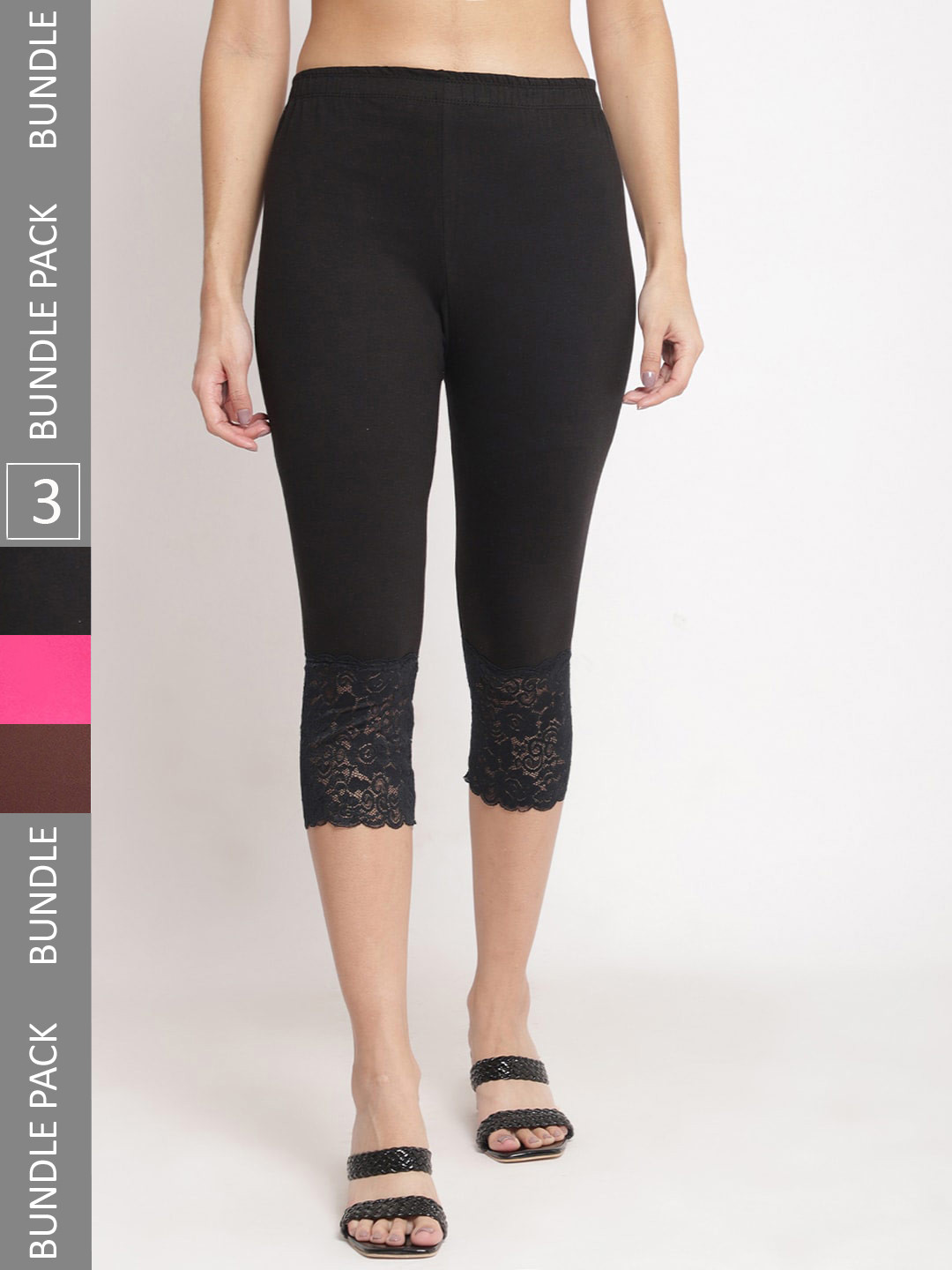 

GRACIT Women Pack Of 3 Skinny Fit Pure Cotton Lace Hem Capris, Black